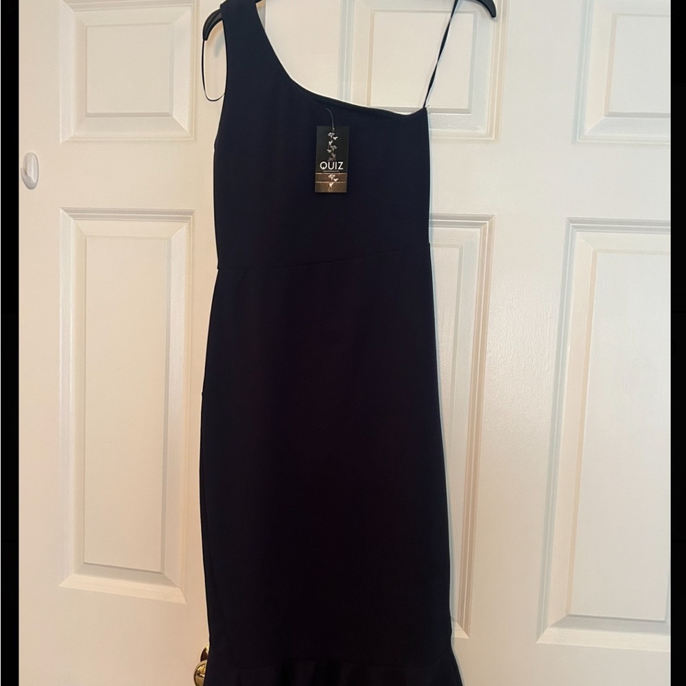 Navy Blue One-Shoulder Knee Length Dress